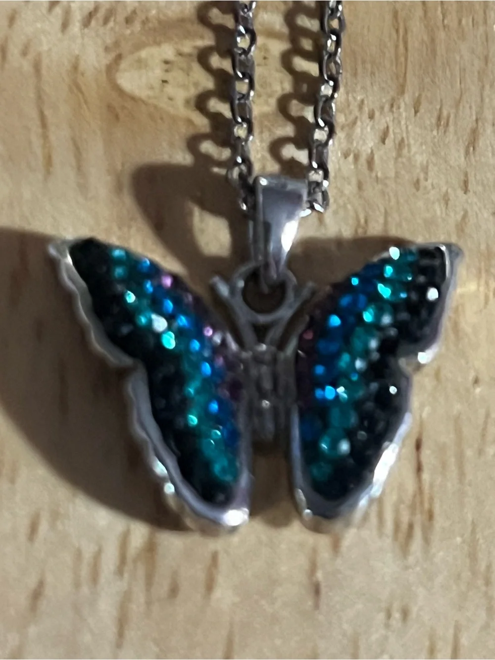 Silver Butterfly Pendant Necklace with Teal and Blue Crystals N210